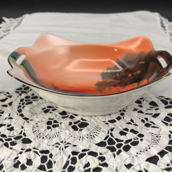 Vintage Noritake Morimura Hand Painted Nut /Candy Dish W/Handles Lake Scene - Picture 2 of 5